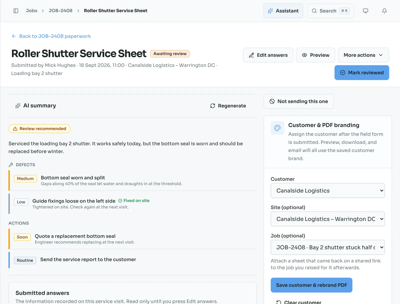 A submitted service sheet with the AI summary of defects and actions, and the customer branding panel